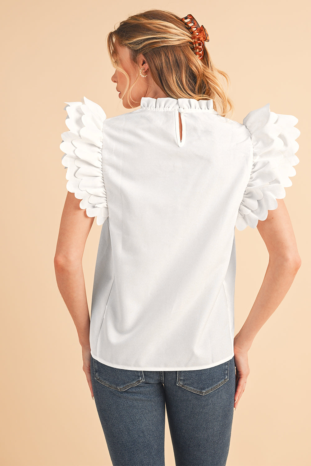 White Scalloped Ruffle Sleeve Blouse