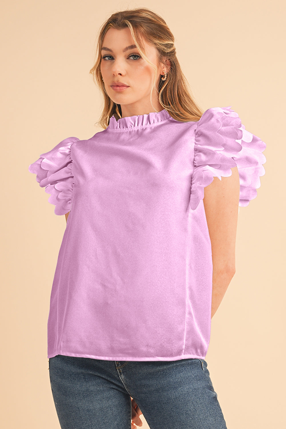 White Scalloped Ruffle Sleeve Blouse