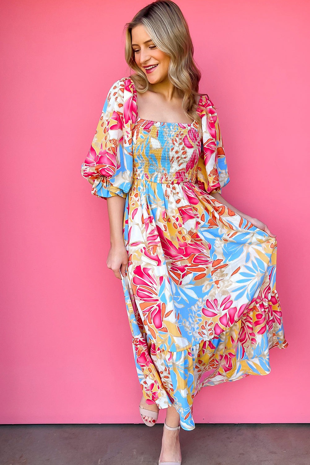 Rose Red Tropical Print Smocked Bodice Puff Sleeve Midi Dress