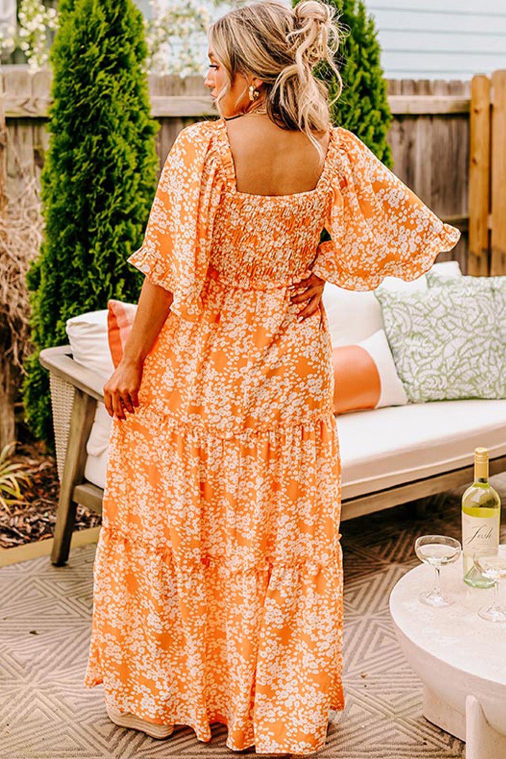 Orange Floral Print Smocked V Neck Bell Sleeve Maxi Dress