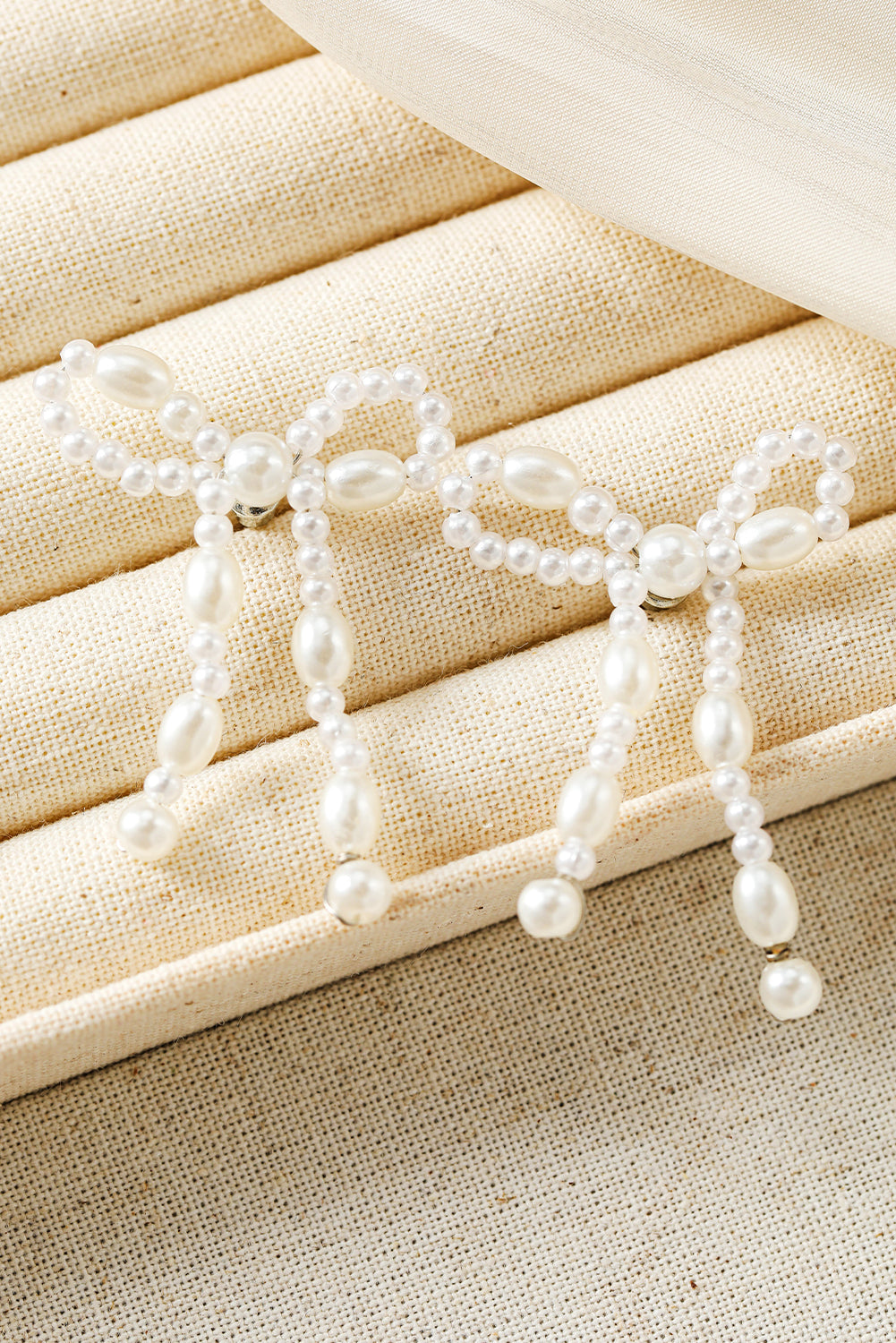 White Pearl Beaded Bowknot Shaped Drop Earrings