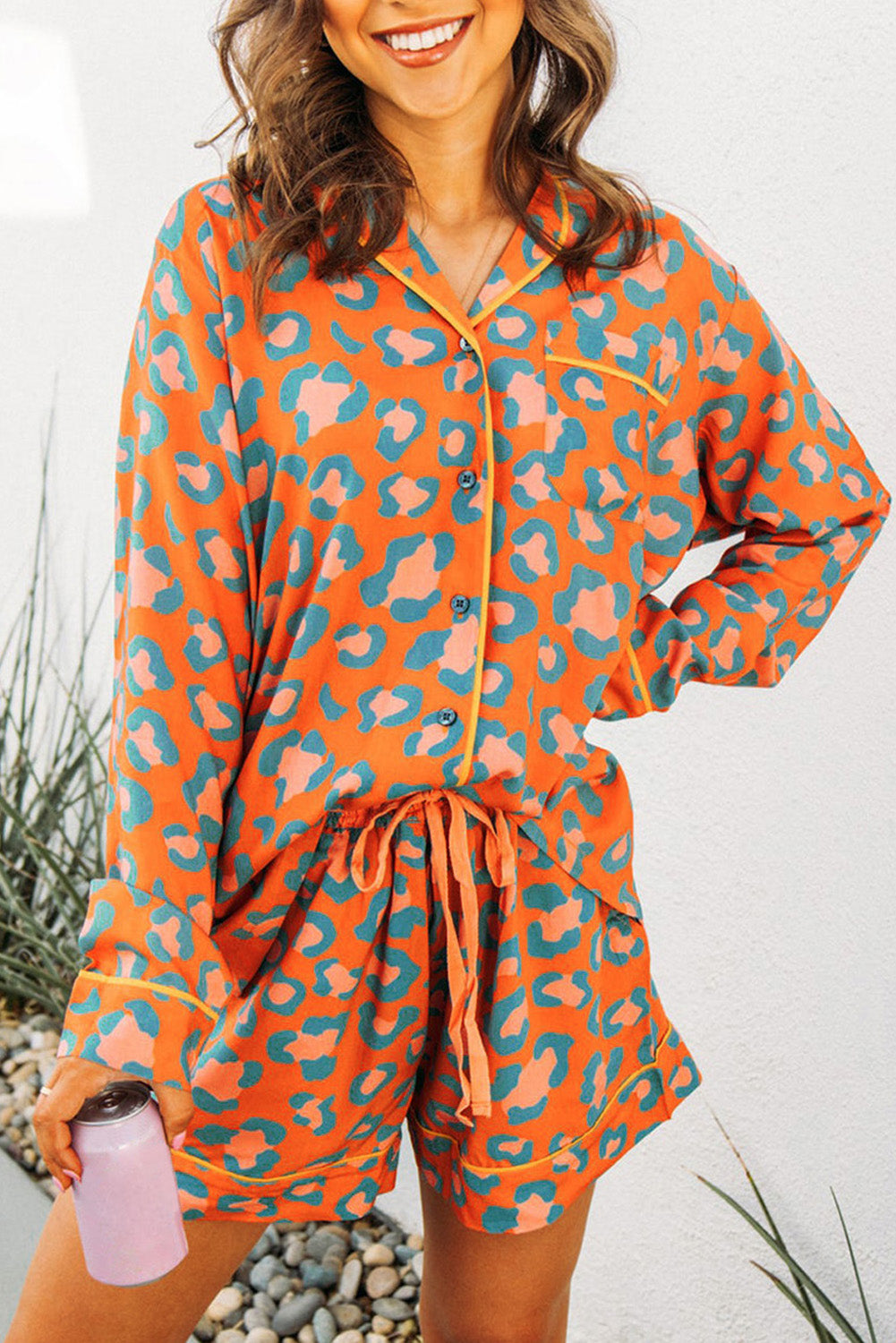 Orange Jaguar Print Long Sleeve Pajama Set