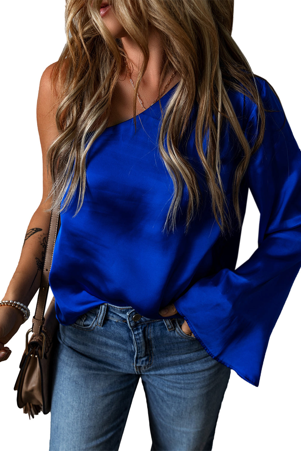 Blue Asymmetric Bell Sleeve Satin Blouse