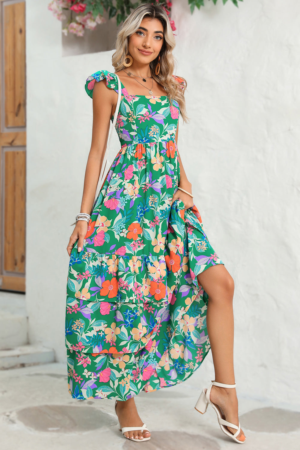 Pink Floral Print Sleeveless Ruffle Tiered Maxi Dress