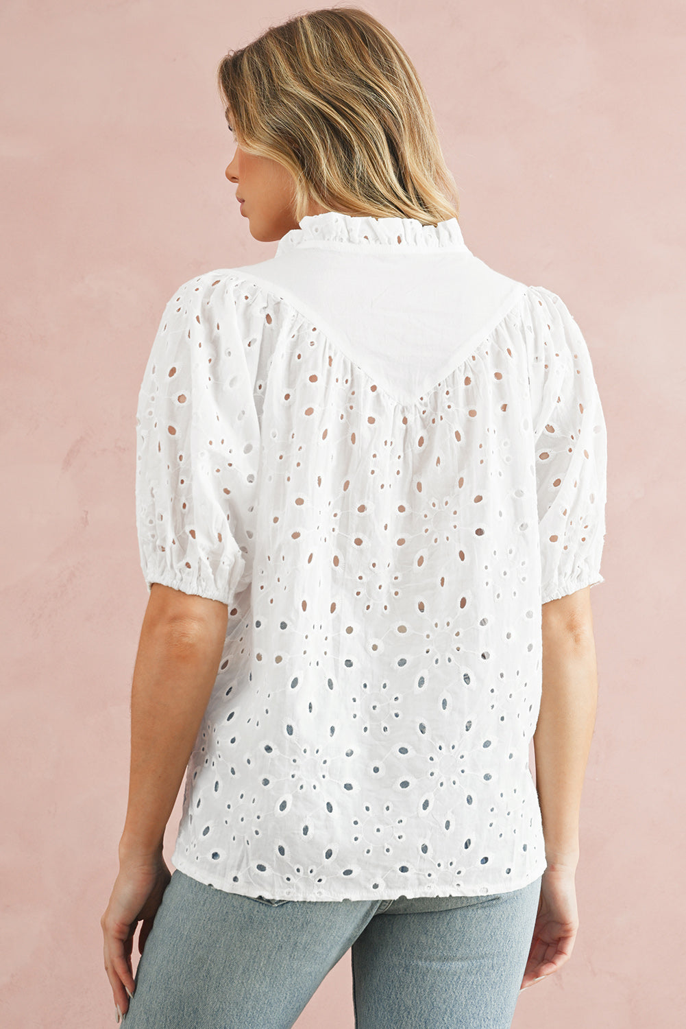 White Flower Hollow-out Short Puff Sleeve Blouse