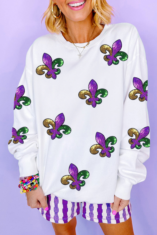 White Sequin Fleur De Lis Graphic Patched Drop Shoulder Sweatshirt