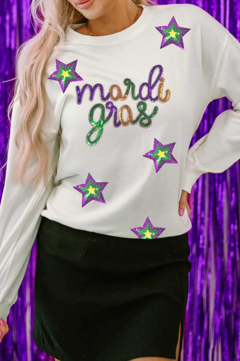 White Sequin mardi gras Star Pattern Drop Shoulder Sweatshirt