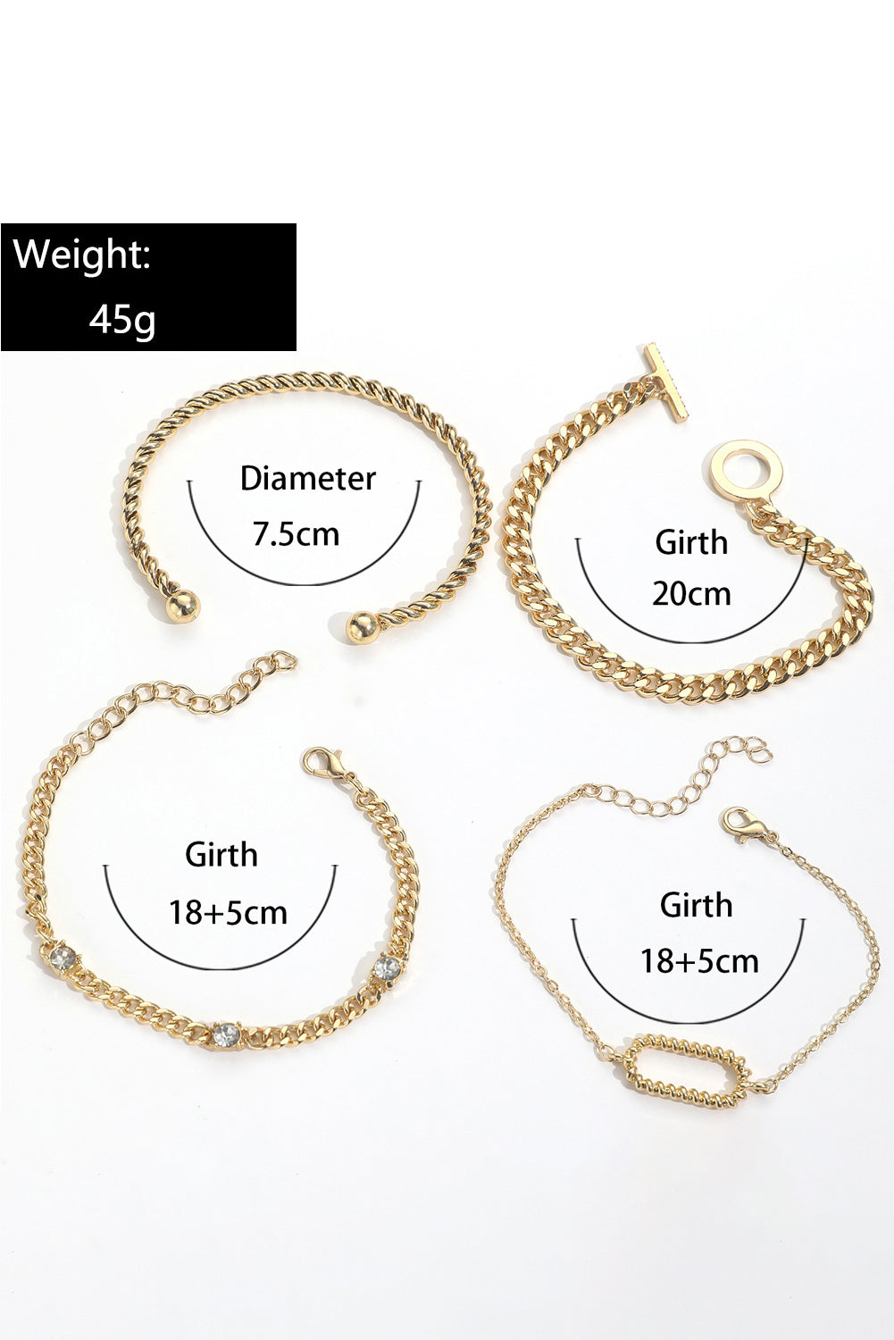 Gold 4Pcs Rhinestone Decor Twist Adjustable Chain Bracelet Set