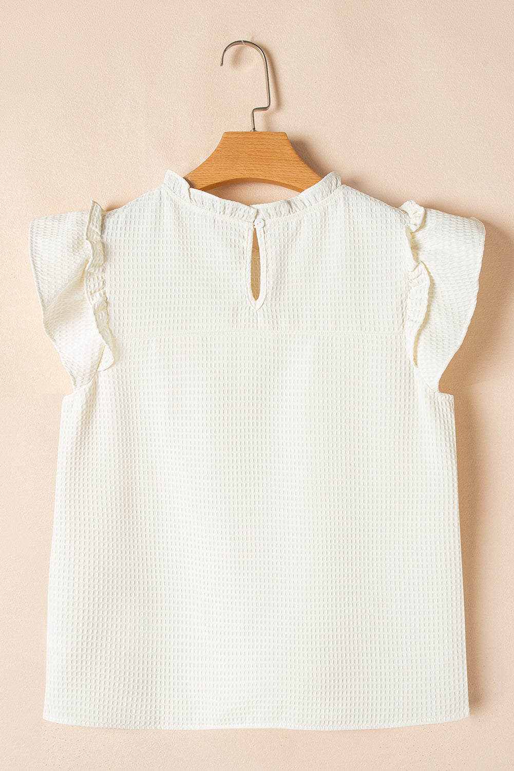 White Ruffle Trim Waffle Textured Blouse