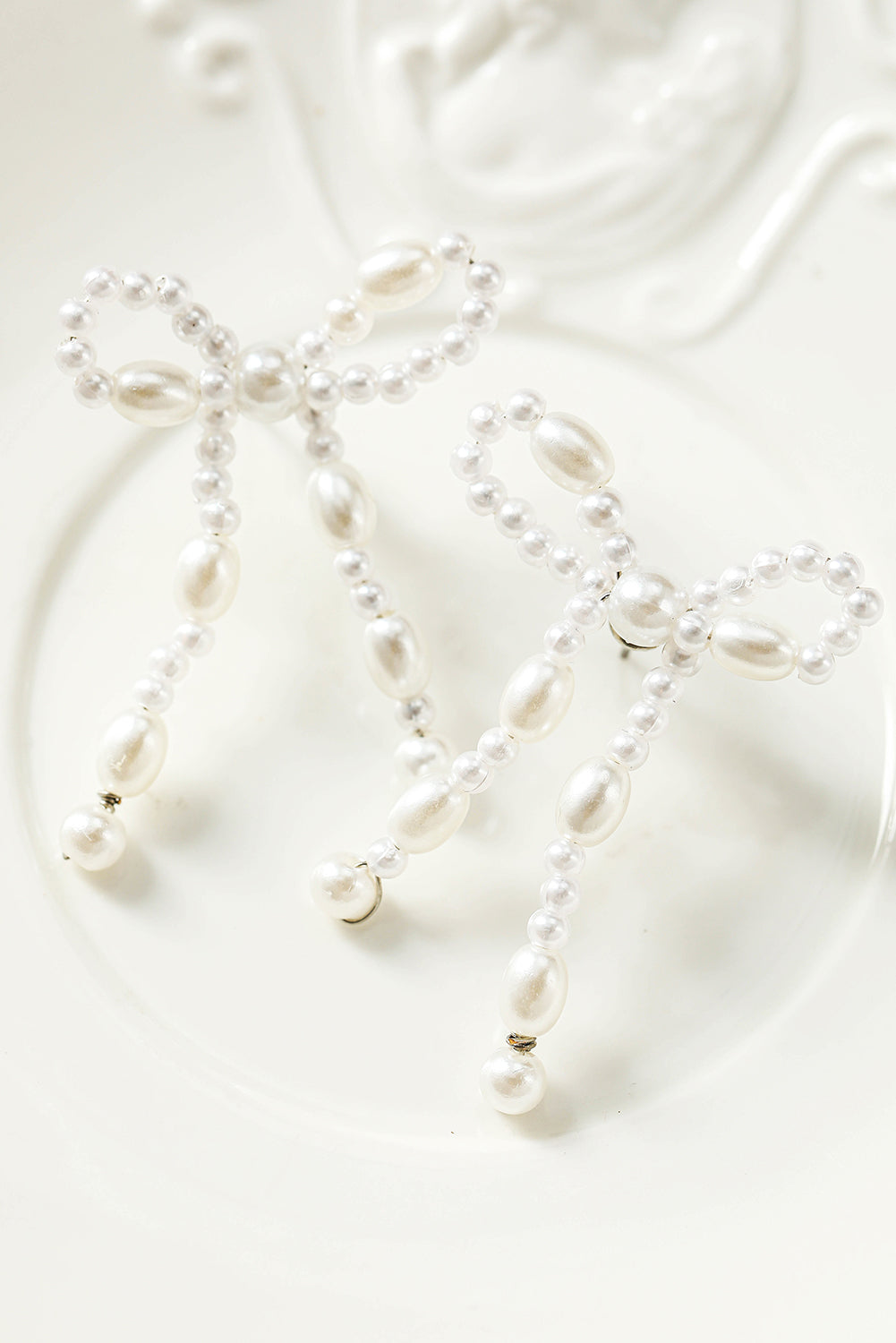 White Pearl Beaded Bowknot Shaped Drop Earrings