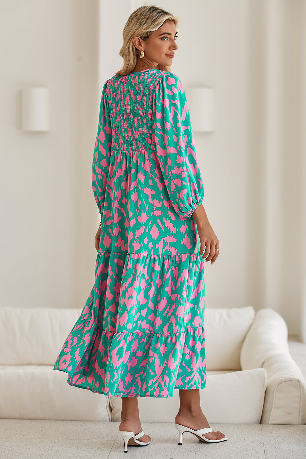 Green Abstract Print Puff Sleeve Smocked V Neck Maxi Dress