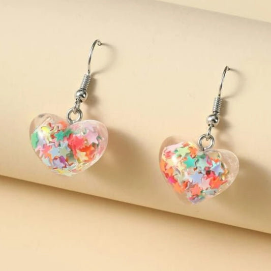 Valentine Heart Drop Earrings With Star Confetti