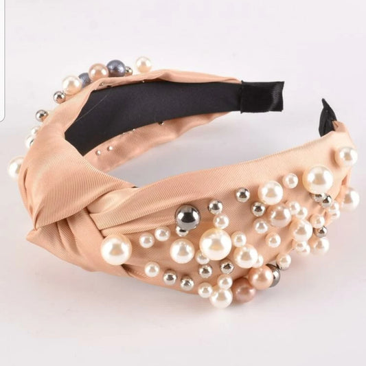 Peach Knot Headband with Faux Pearls