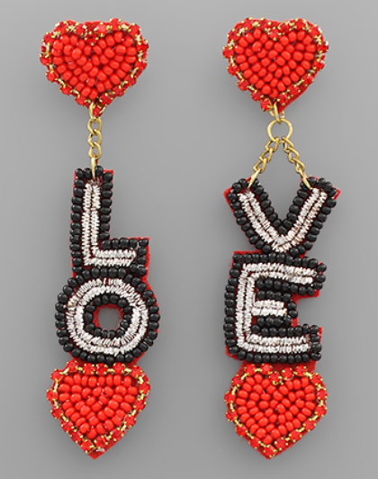 Valentine LOVE & Beaded Red Hearts Earrings