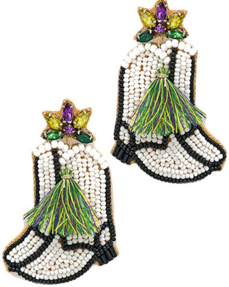 Mardi Gras Beaded Marching Boot Earrings