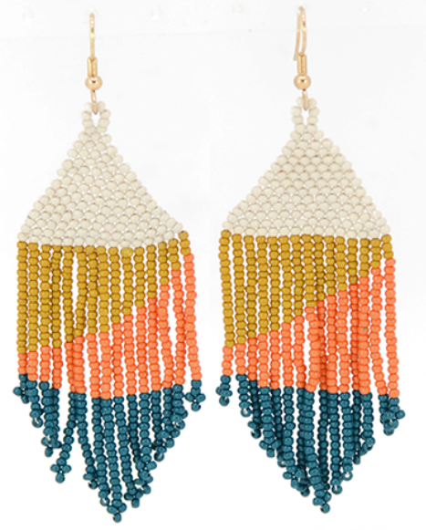 Triangular Beaded Tassel Earrings - Peach