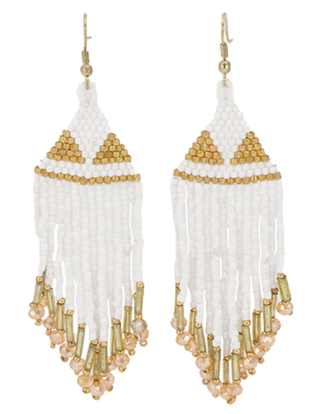 Beaded Triangular Tassel Earrings - White & Gold